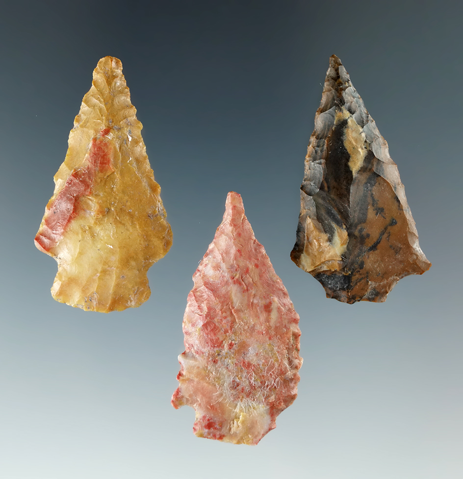 Set of three colorful Columbia River arrowheads, largest is 1 1/2".