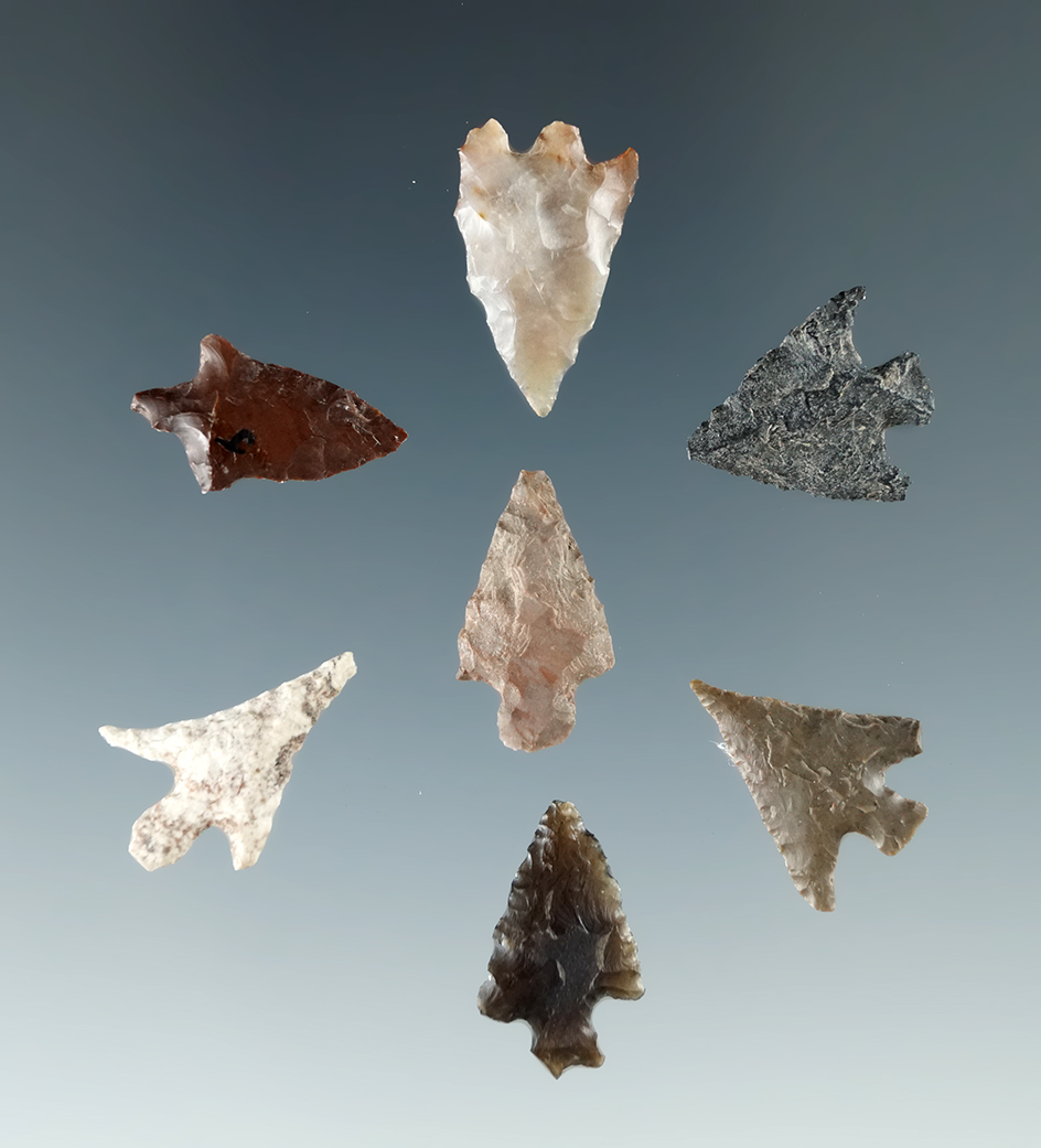 Set of seven Columbia River Gem points, largest is  5/8".