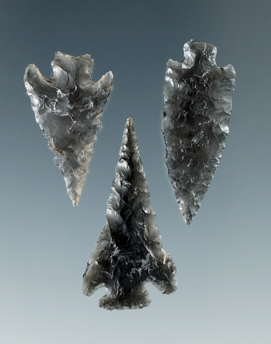 Set of three well flaked nicely styled obsidian arrowheads found near the Columbia River.