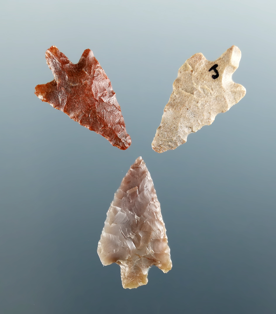 Set of three Columbia River arrowheads, largest is 3/4".