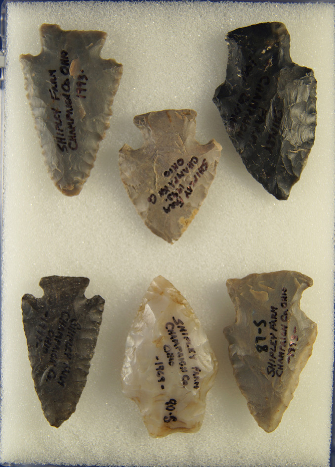 Set of six nice Ohio arrowheads from the Greg Shipley collection. Largest is 1 11/16". Ex. Weidner