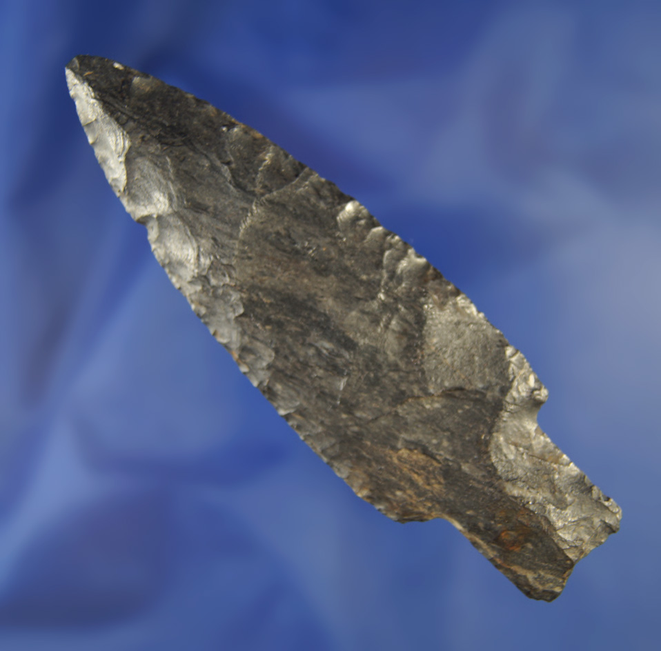 4 1/4" nicely made Stemmed Paleo Lanceolate – Upper Mercer Flint. Found in Lorain Co.,  Ohio.