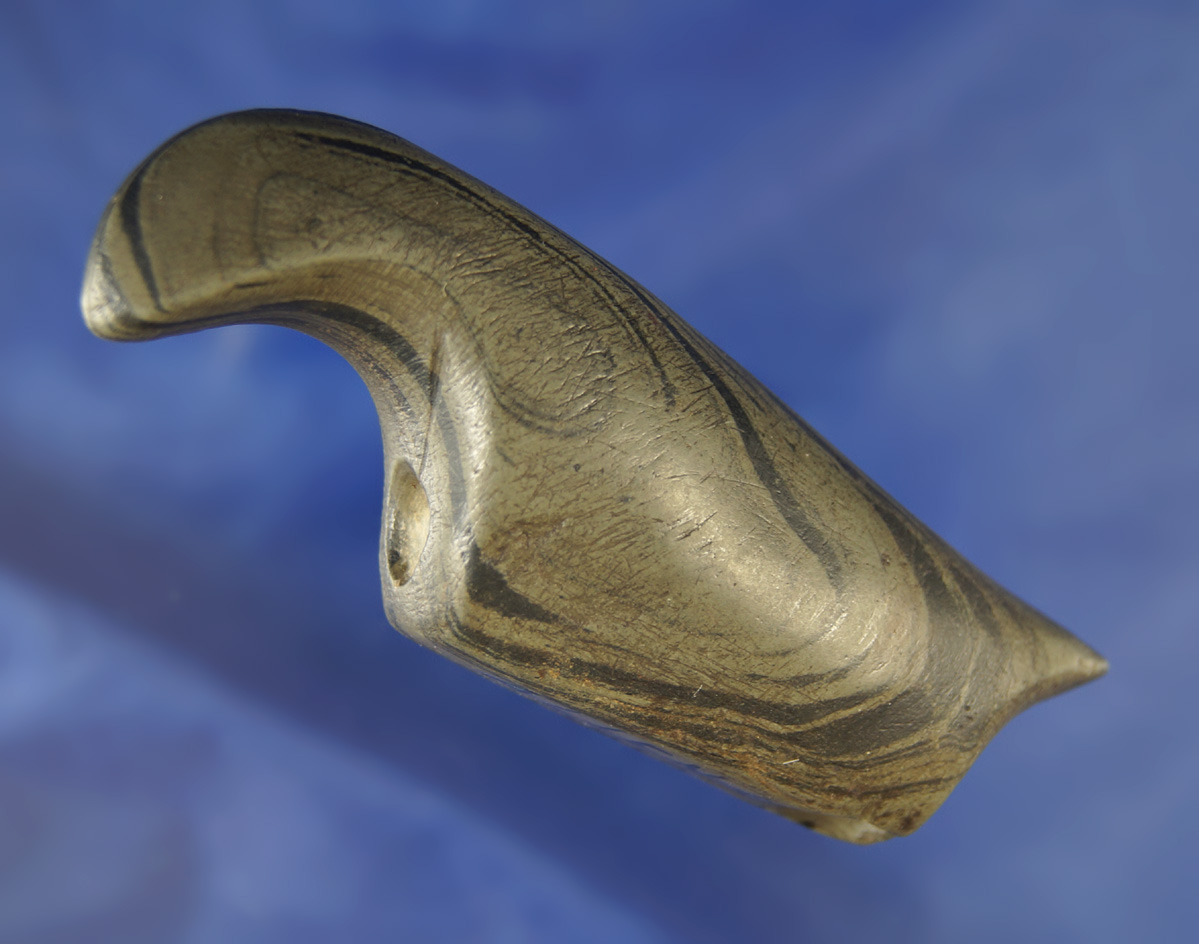 3 3/8" Banded Slate Birdstone found in Allen Co., Ohio.  Ex. Dave Root, Jim Miller Collections.