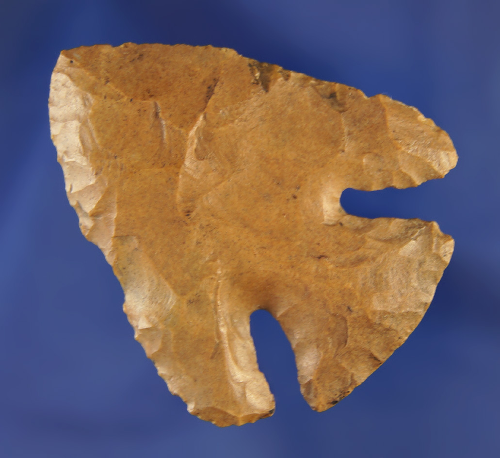 2 1/8" Deep Notch Flint Ridge Flint Knife found in Franklin Co.,  Ohio with a heavily ground base.