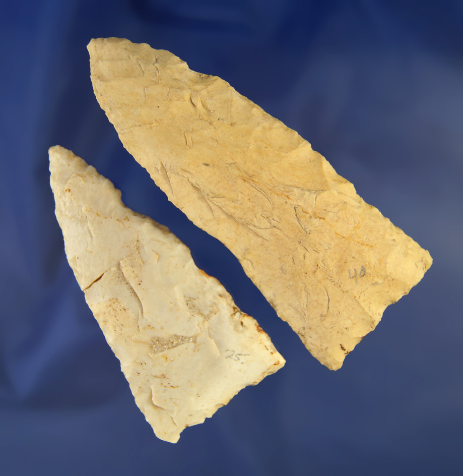 Pair of Flint Knives found in Logan Co.,  Ohio, largest is 4 1/8". From the Greg Shipley collection.
