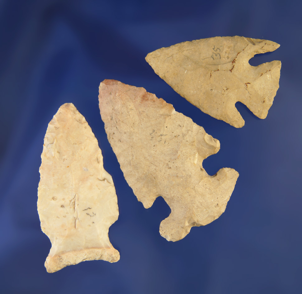 Set of 3 arrowheads found in Champaign Co.,  Ohio, largest is 2".  Greg Shipley collection.