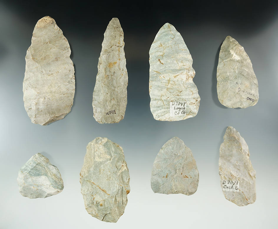 Group of 8 Assorted Blades all made from Attica "Indiana Green" Chert, largest is 3 3/8".