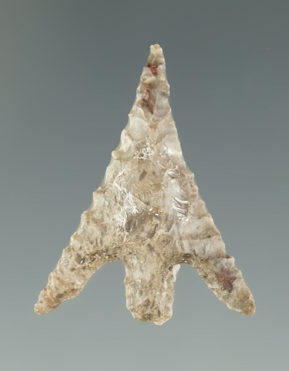 Excellent serrations on this well styled 1 1/16" Gunther point found in southern Oregon.