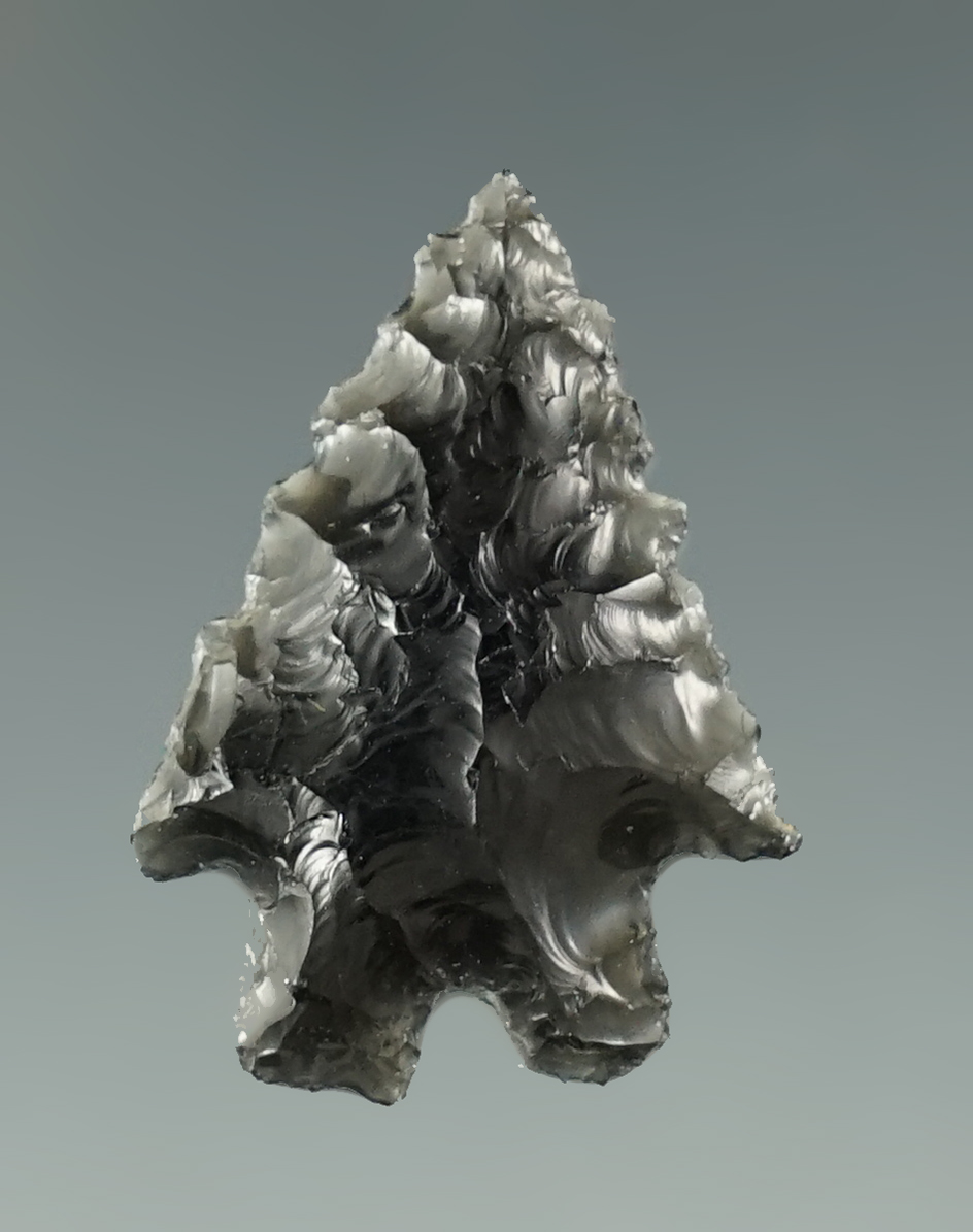 1 1/16" Serrated Pinto Basin found in Malheur Co., Oregon. Made from Obsidian.