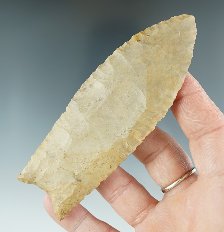 2 3/8" Clovis with professional restoration to the top 2/3 of point. Hardin Co., Tennessee. COA.