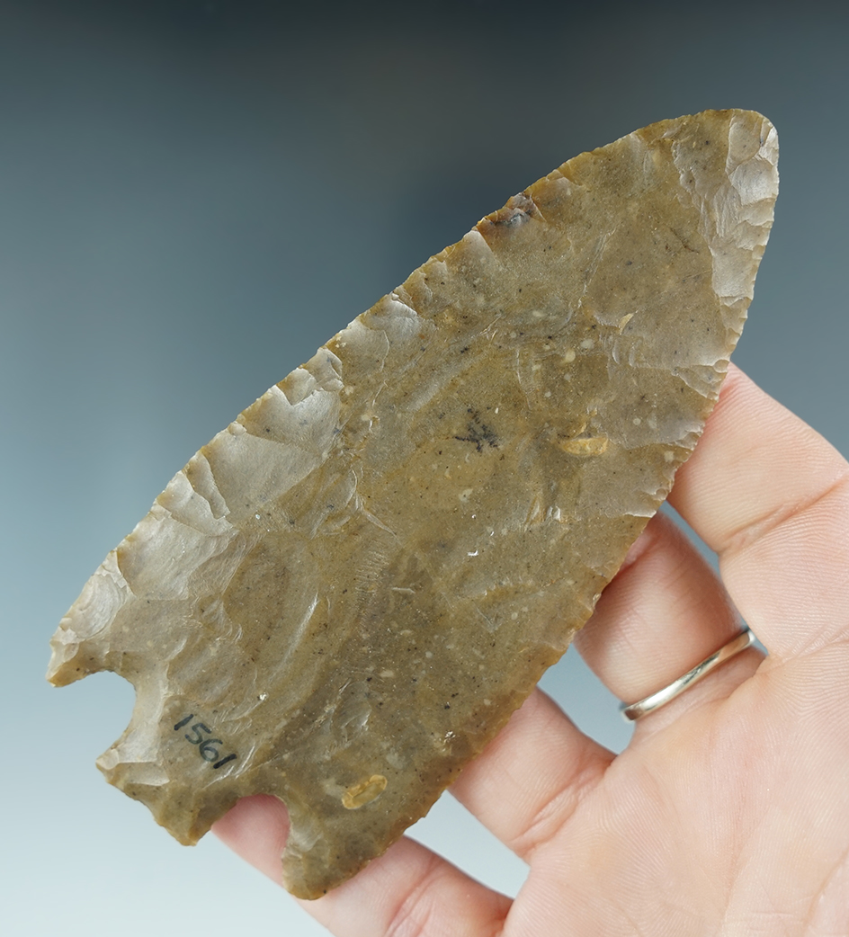 4 3/8" Ouchita that is nicely flaked from brown Edwards Chert. Found in Trinity Co., Texas COA.