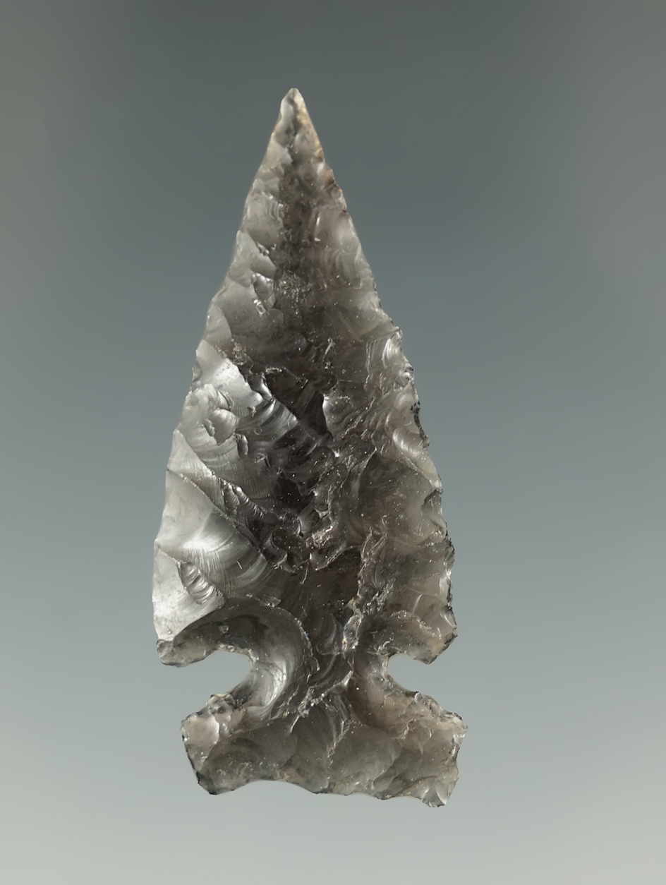 1 7/8" Northern Sidenotch made from translucent Obsidian. Lake Co., Oregon. Ex. Charles Hall.