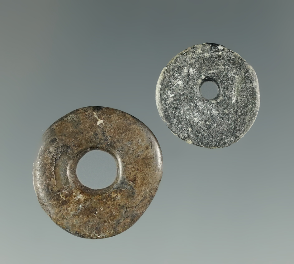 Pair of drilled steatite disk pendant, largest is 5/8".