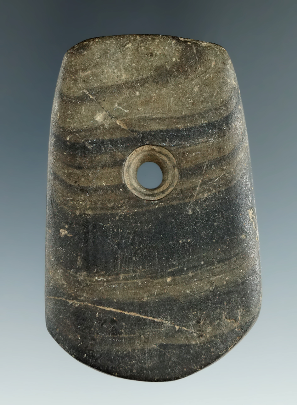 2 5/8" well patinated banded slate miniature Pendant found in Ohio. Ex. Mike Kiel.
