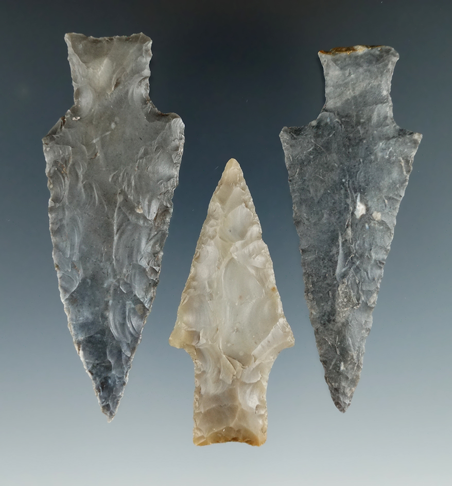 Ex. Museum! Set of three Lange points found in Texas, largest is 3 1/4".
