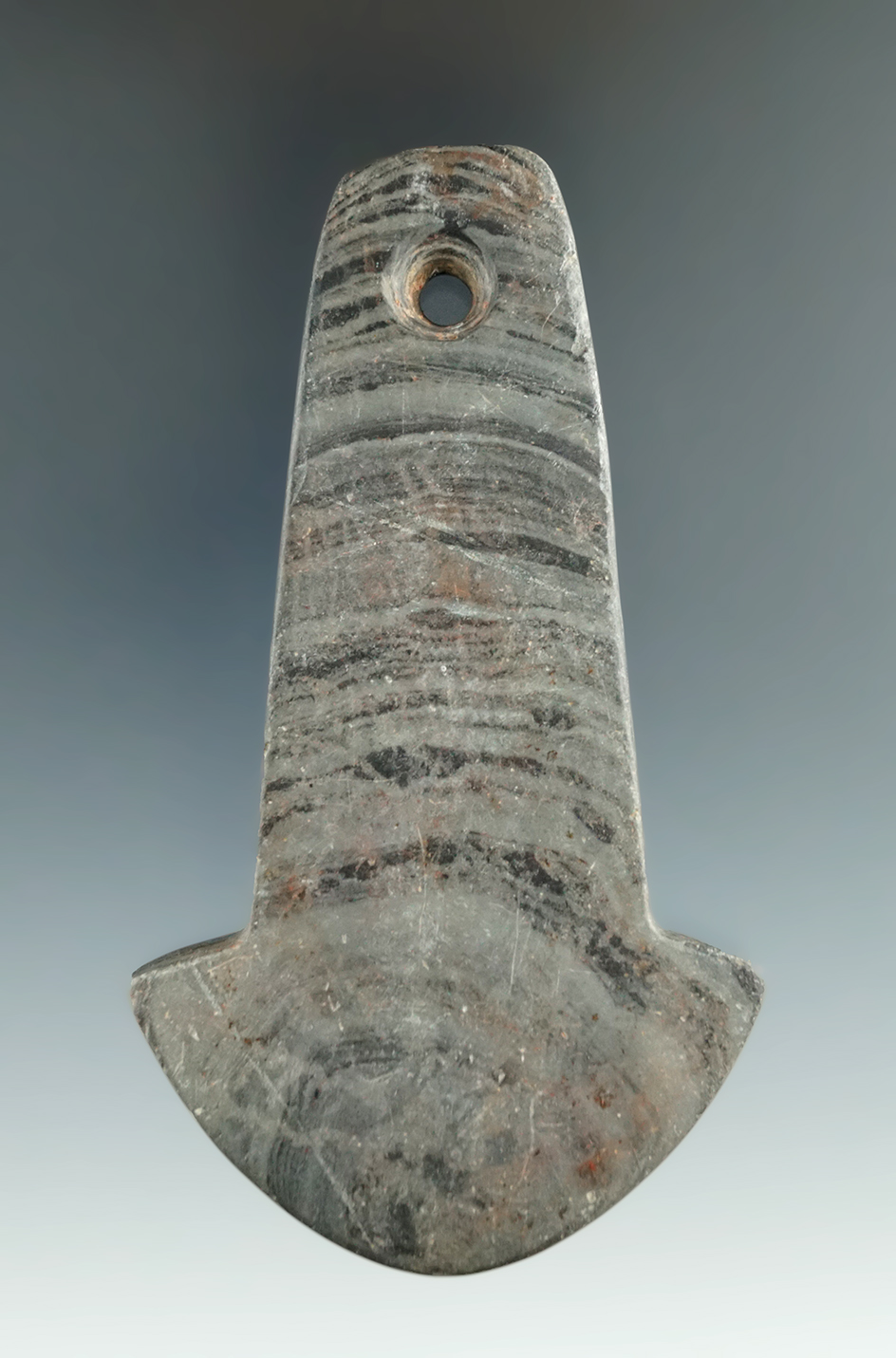 4" Adena Anchor Pendant made from Banded Slate, found in North Central, Ohio. Ex. Elmer Rudolph.