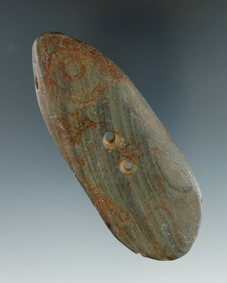 Exceptionally thin! 3 3/4" green banded slate Gorget with excellent patina and mineral stains - Ohio