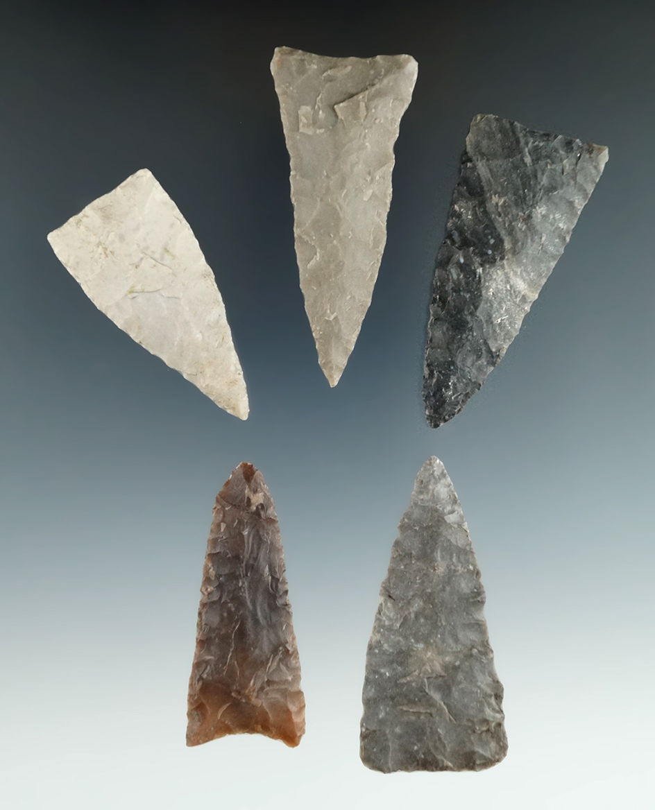 Ex. Museum! Set of five well styled triangular points found in Texas, largest is 2 7/16".