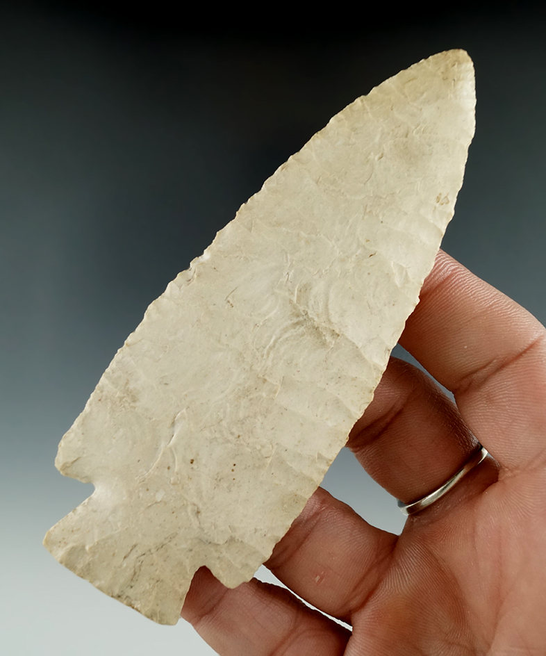 Outstanding flaking on this 4 1/4" Hardin found in Marion Co., Missouri, very thin. Perino COA.