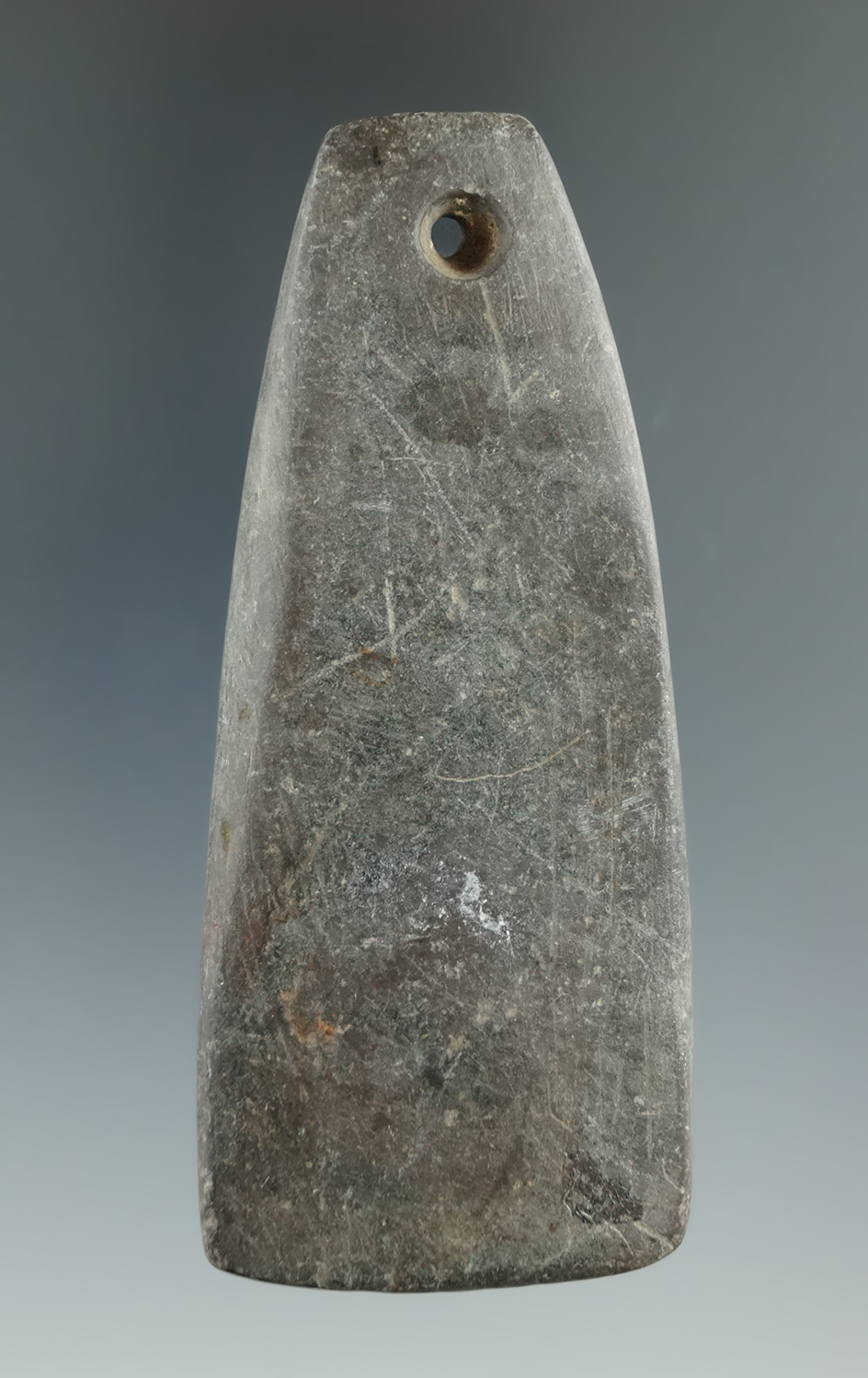3 3/8" Hopewell Trapezoidal Pendant made from Mottled Slate, found in Marion Co., Ohio.