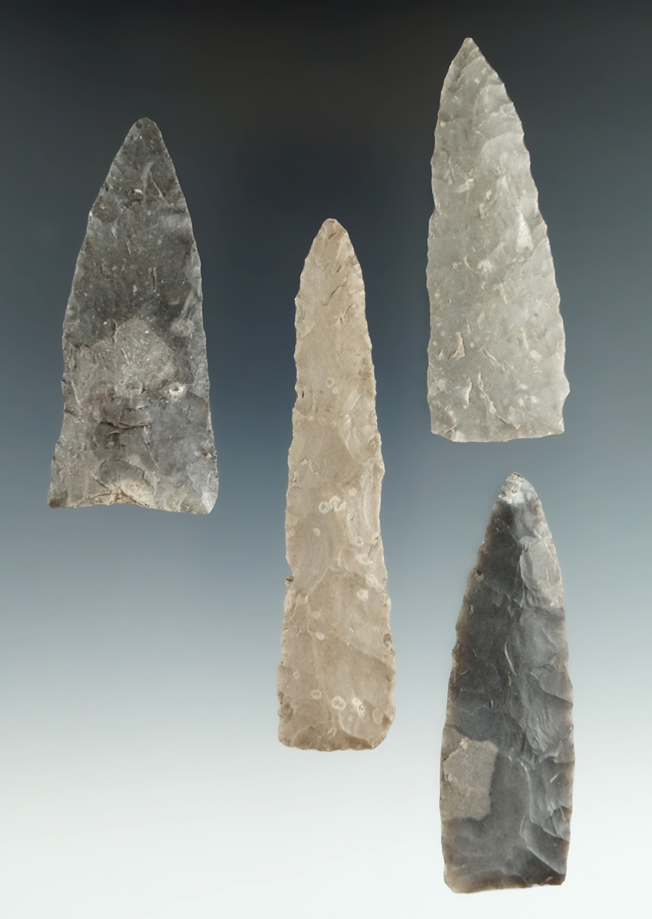 Ex. Museum! Set of four triangular flaked artifacts found in Texas, largest is 3 7/16".