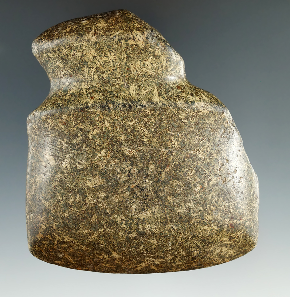 Very unique 3 3/16" long full grooved Axe with some ancient damage to the pole area.