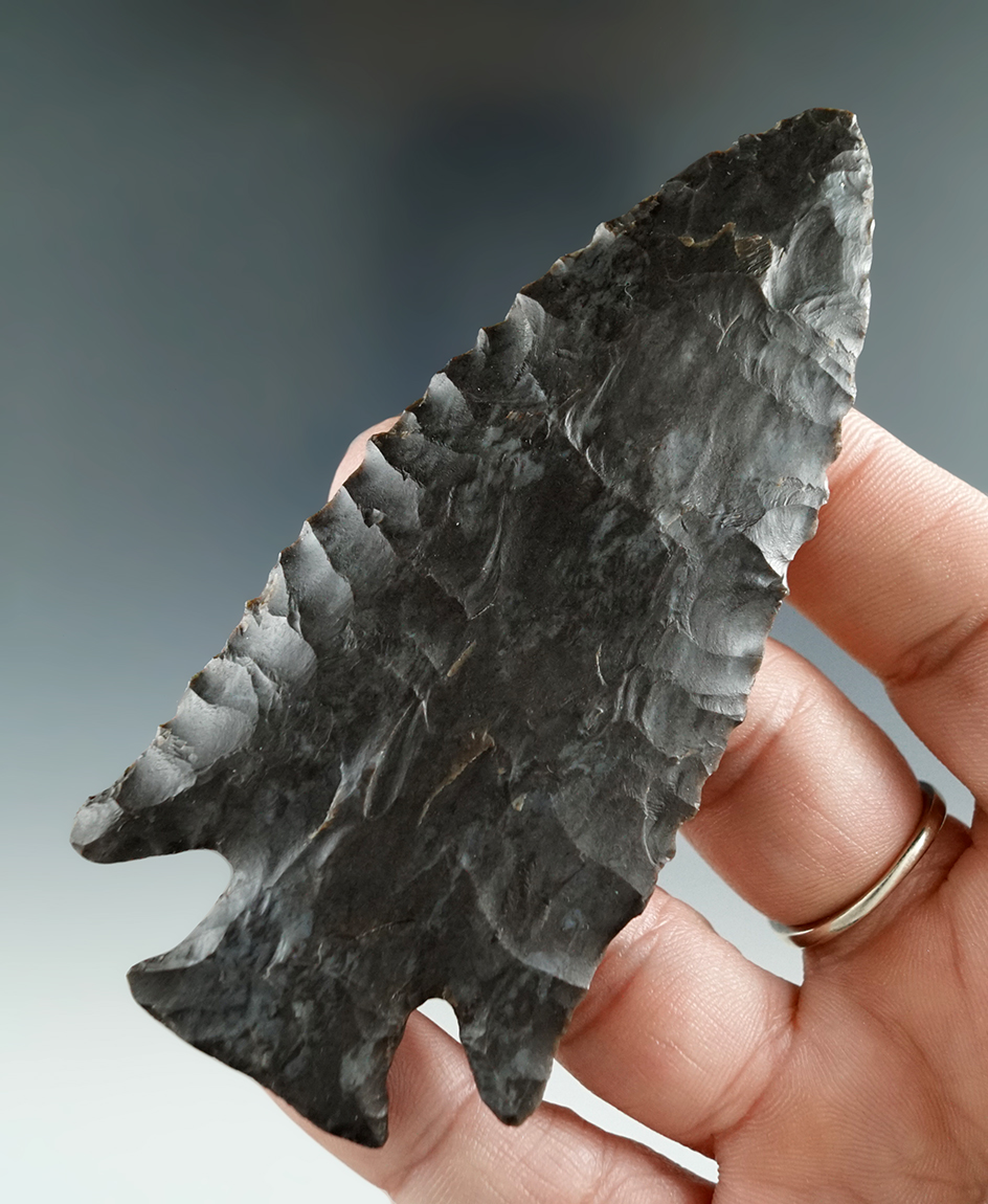 3 5/8" mottled Fort Payne chert Hardin barbed found in Caldwell Co., Kentucky.