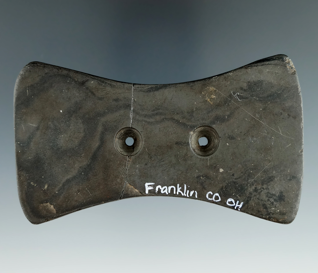 3 3/4" Bi-concave Gorget found in Franklin Co., Ohio that is broken and glued tight - Franklin Co.,