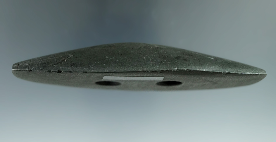 4 1/4" Glacial Kame Gorget - Banded Slate, with engravings on side. Champaign Co., Ohio. 2 COA's.