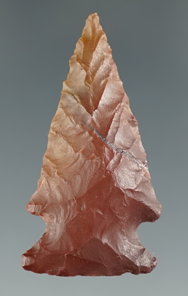 1 5/8" Bullhead Point made from Petrified Wood. Found in Southern Oregon. Ex. Jim Hogue.