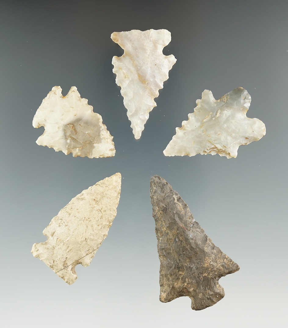 Set of five nicely styled Kentucky arrowheads, in good condition. Largest is 2". Ex. Henry English.