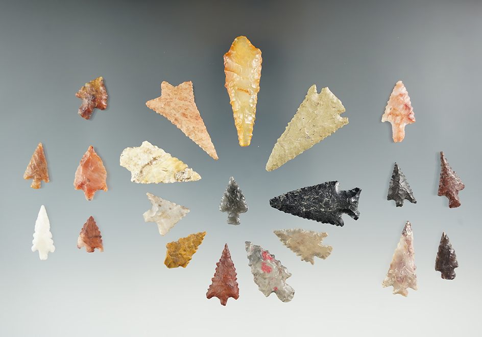 Excellent group of 21 assorted arrowheads found near the Columbia River, Washington.
