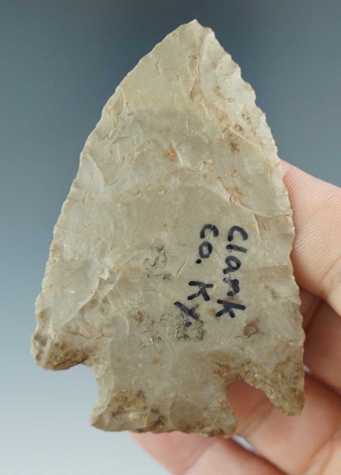 2 9/16" Kirk Cornernotched made from Ft. Payne Chert, found in Clark Co., Kentucky. Perino COA.