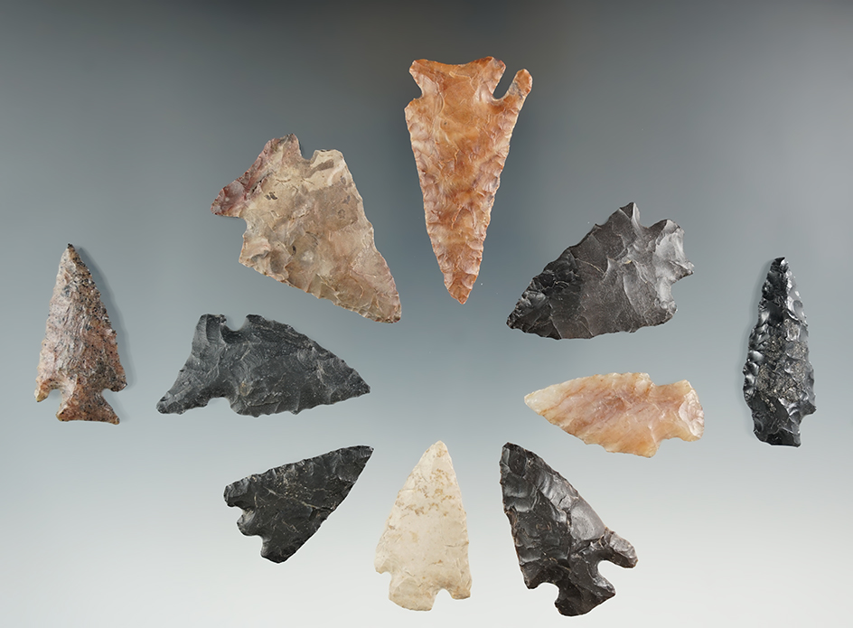 Group of 10 assorted arrowheads found near the Columbia River, largest is 2".