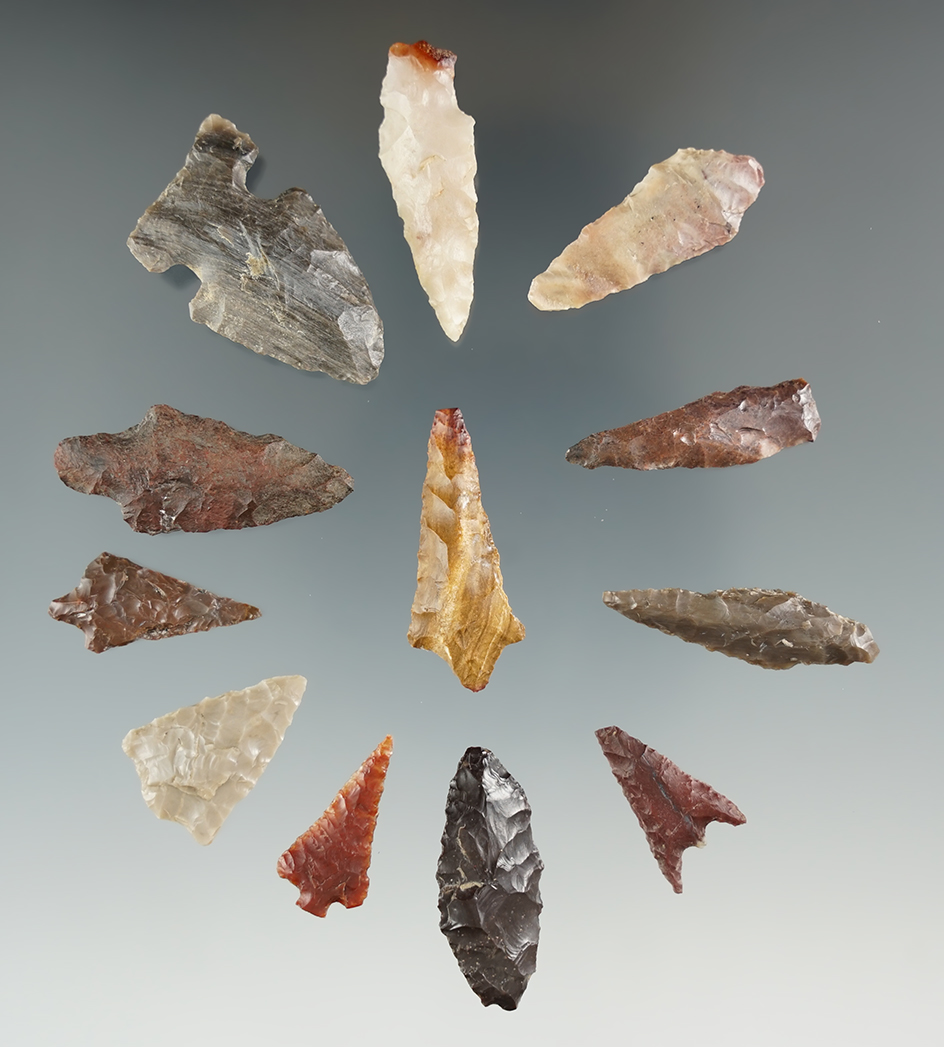 Group of 12 assorted arrow points found in Kittitas County Washington near the Columbia River.