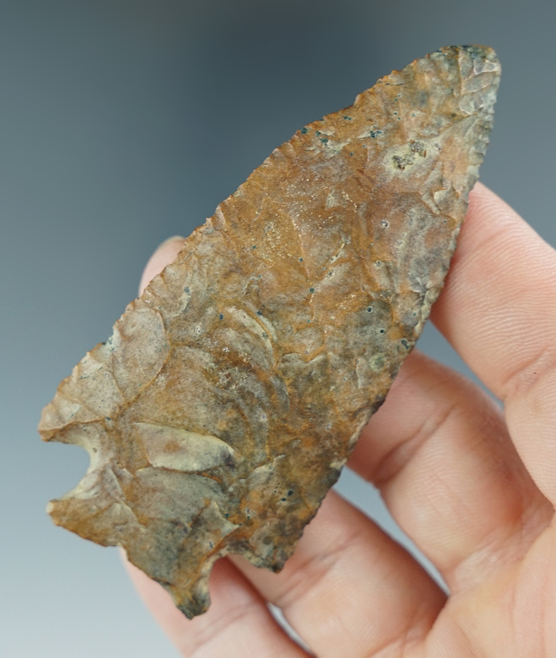 3 1/8" Kirk made from river stained chert. Found in Tennessee. Comes with a Davis COA.