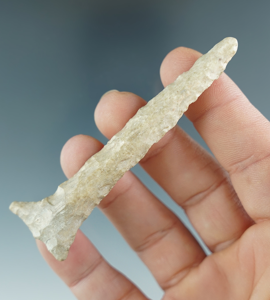 3 3/16" drill with excellent use-wear to tip area made from Florence chert. Pictured!