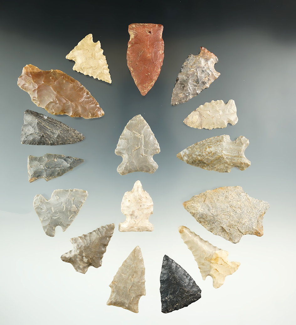 Group of 16 assorted Kentucky/Tennessee arrowheads, largest is 2". Ex. Henry English collection.