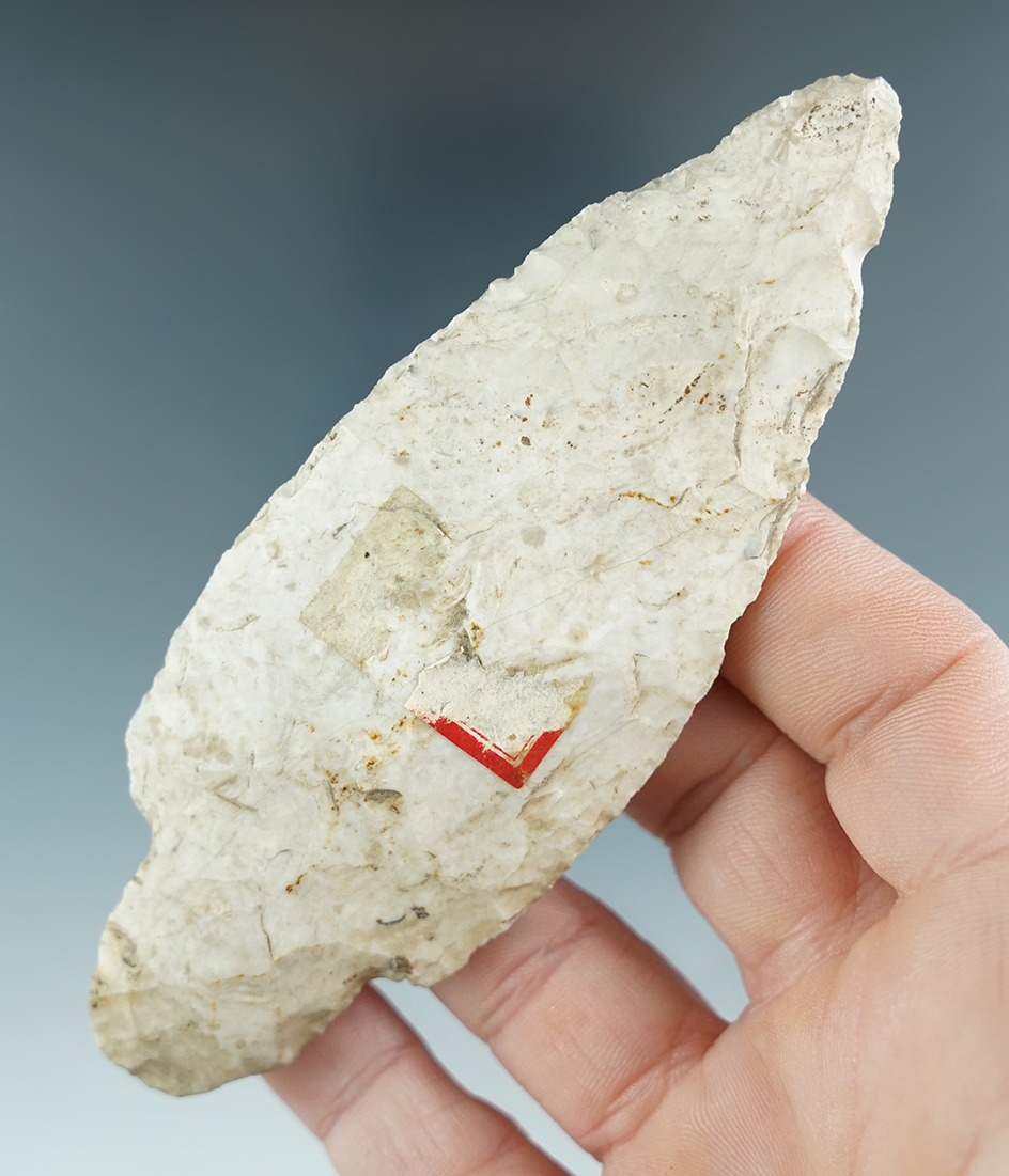 Heavily patinated 4 5/16" Burlington chert Adena found in Illinois.