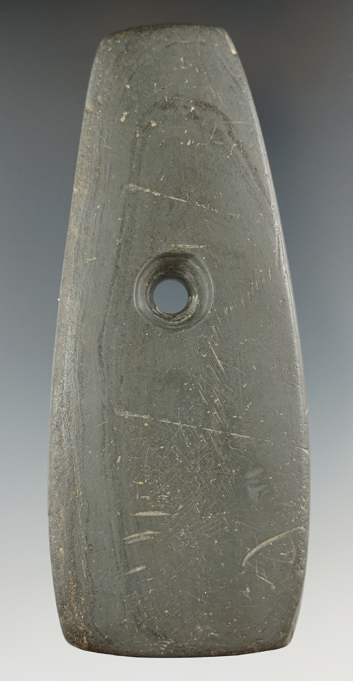 4 1/8" Classic Adena Trapezoidal Pendant made from green Banded Slate, found in Ross Co., Ohio.