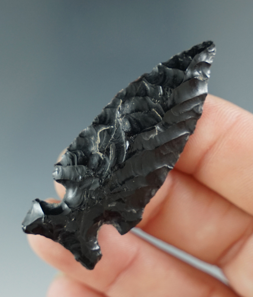 Excellent flaking on this 2 1/16" Northern Side Notched found in Lake Co., Oregon.