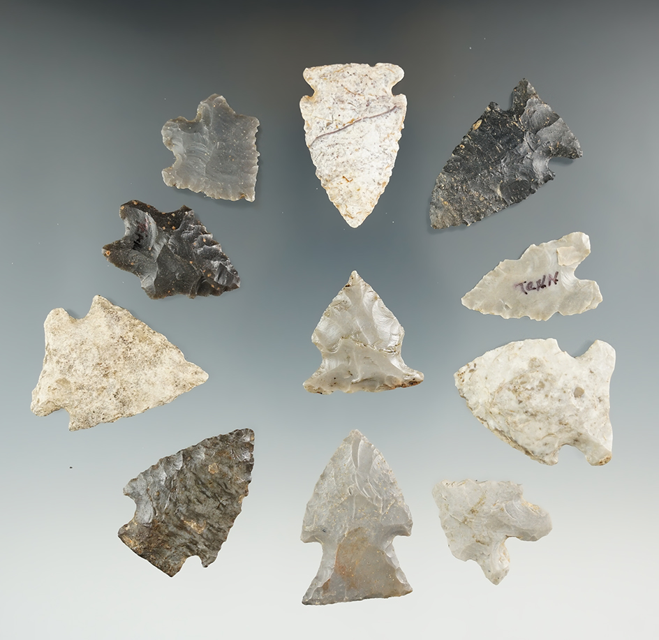 Set of 11 assorted arrowheads found in Kentucky, largest is 1 3/8". Ex. Henry English collection.