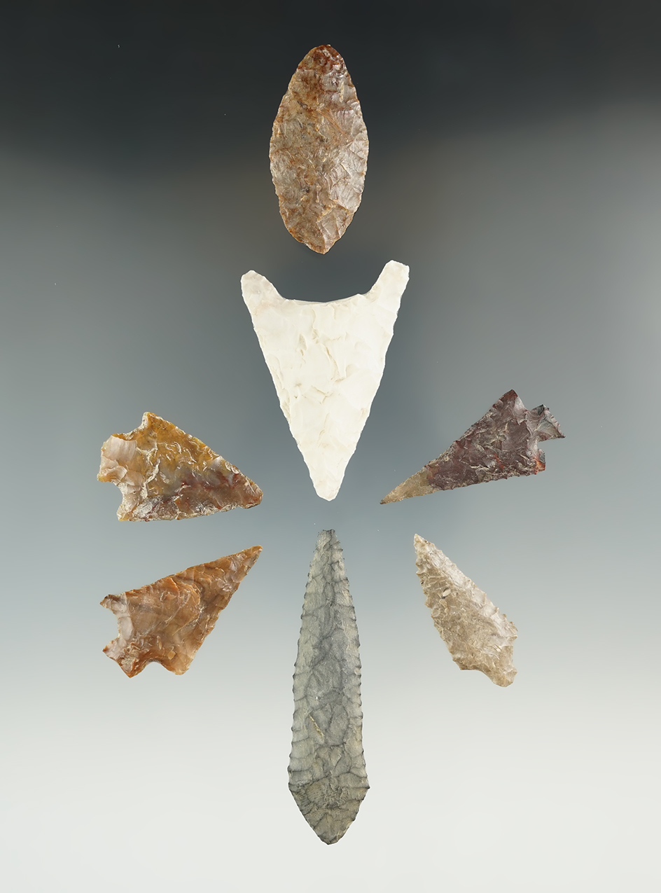 Set of seven assorted Columbia River arrowheads, largest is 2 3/8".