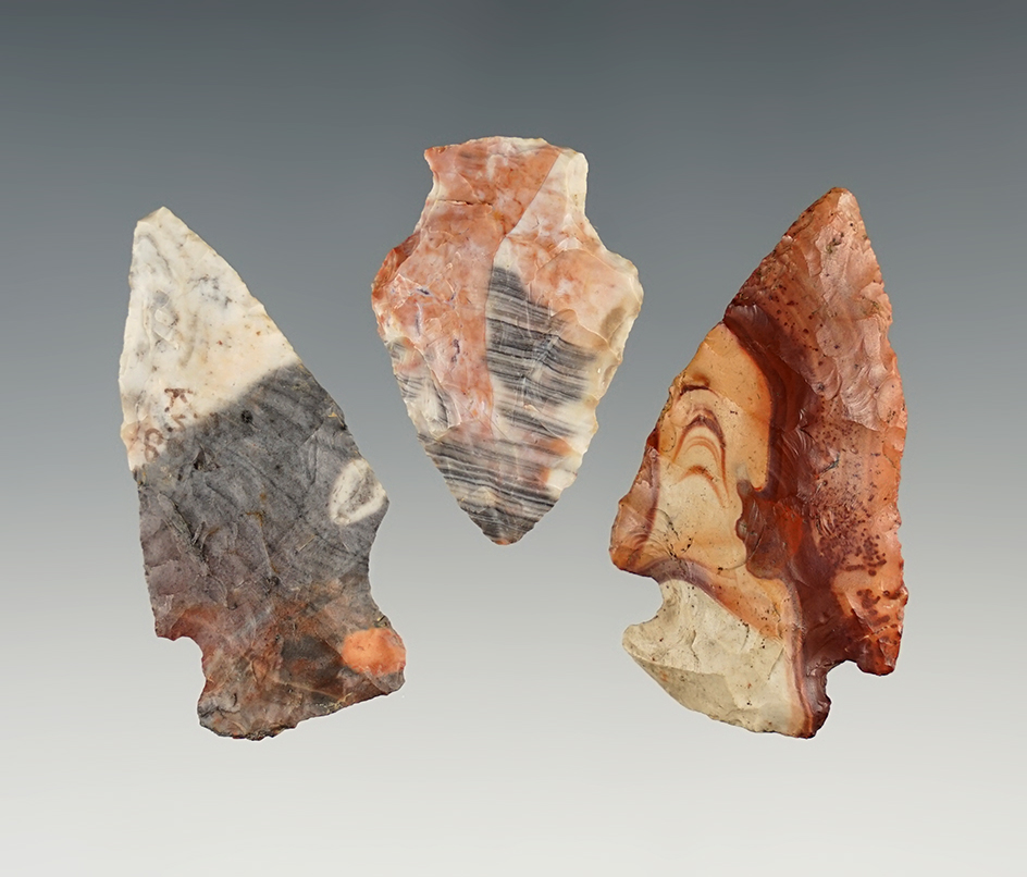 Set of 3 colorful Ohio points made from Flint Ridge Nethers flint. The largest is 1 7/8".