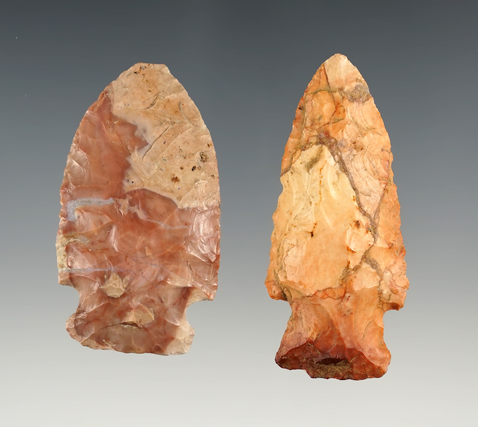 Pair of highly colorful Ohio points. The largest is 2 3/8".  Ex. Ron Sauer collection.