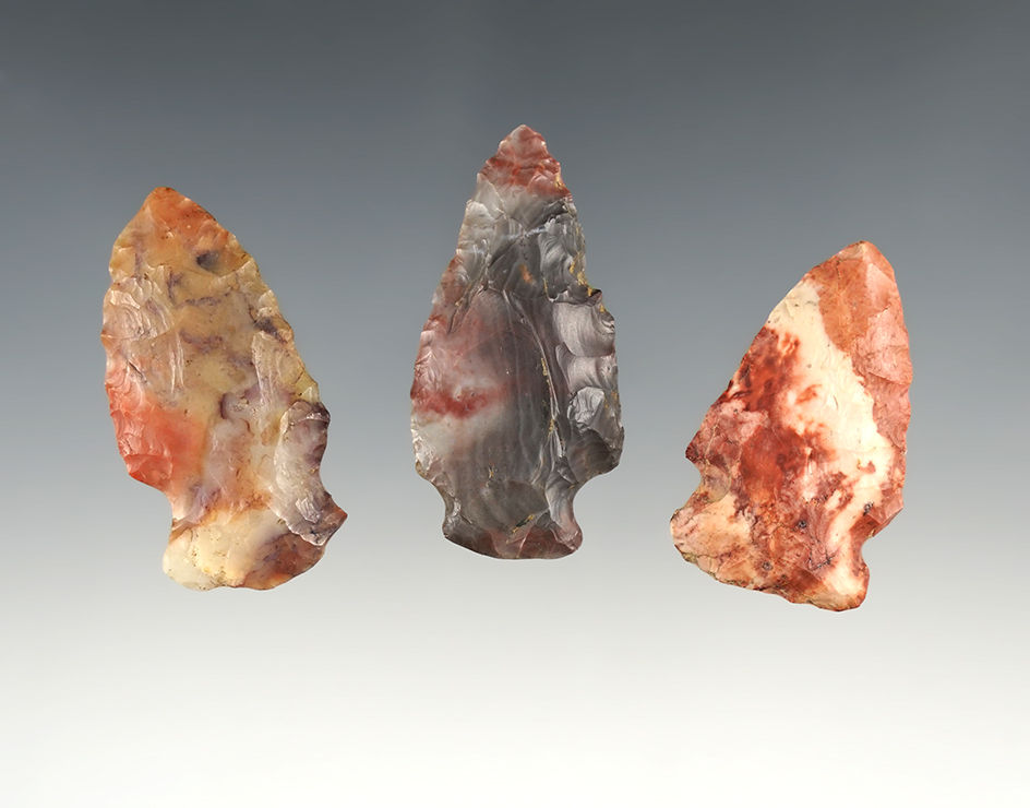 Set of 3 Ohio points made from highly colorful Flint Ridge flint. The largest is 1 15/16". Ex. Sauer