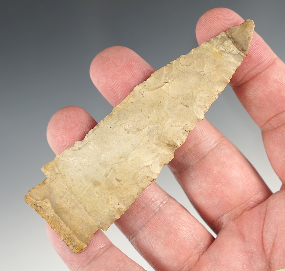 3 7/8" Stemmed point. Text on back reads "5 miles S. Hamilton". State unknown.