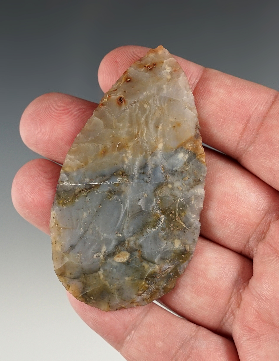 2 7/8" Translucent Flint Ridge Adena Blade - broken and tightly glued with no missing pieces.
