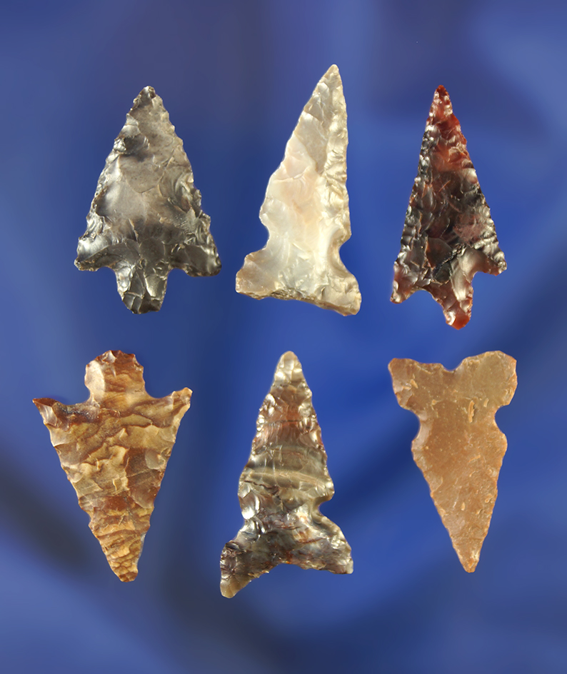 Set of six assorted arrowheads and nice condition, largest is 15/16".