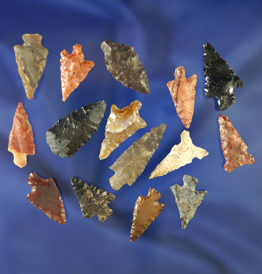 Set of 15 assorted arrowheads, largest is 1 3/16".